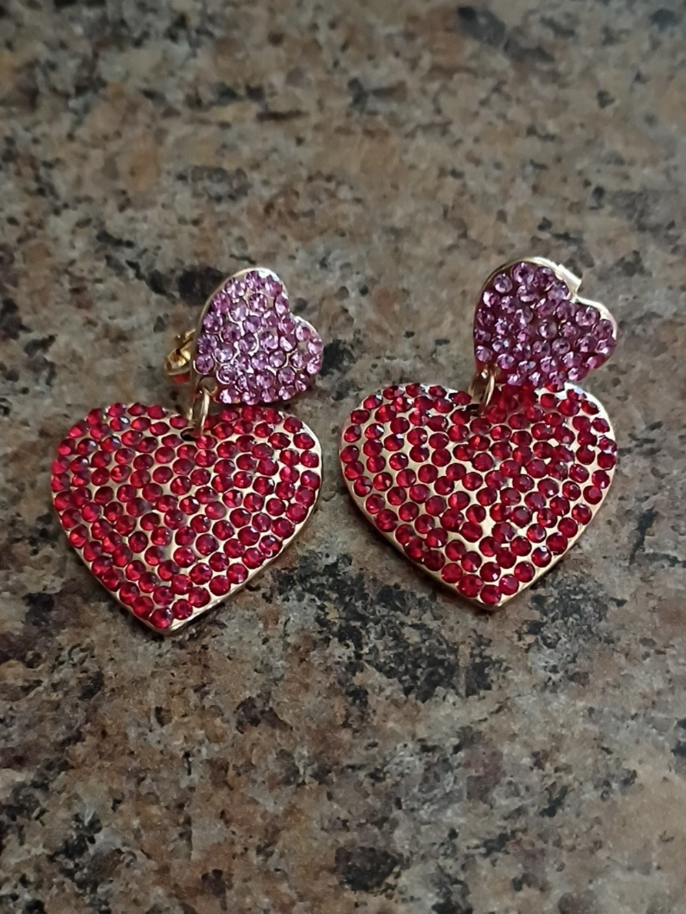 Heart Drop Clip On Earrings with Pink and Red Crystals